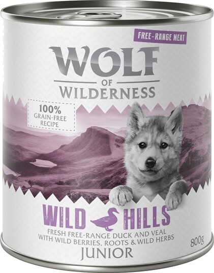 Wolf of Wilderness Junior Wild Hills Våtfôr Frittgående And & Kalv 6x800g