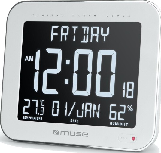 Muse M-090 Vekkerklokke med kalender, alarm og innendørs temperatur - Hvit