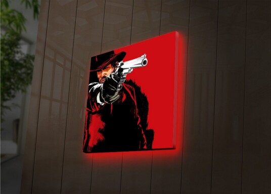 Lerretsbilde med LED belysning 28x28 cm Skarpt portrett av en revolvermann med en pistol i hånden Rød / Svart
