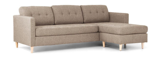 Marino sofa, sjeselong høyre eller venstrevent i stoff lysebrun, med treben.