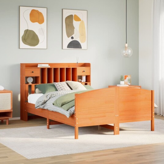  Seng med bokhylle uten madrass voksbrun 150x200 cm heltre furu 8721158619297