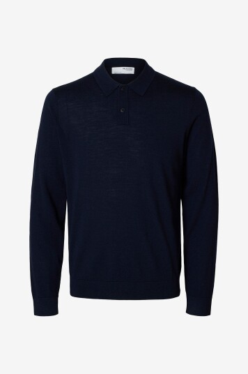 Selected Homme Genser slhTray LS Knit Merino Polo Blå Selected Homme Genser slhTray LS Knit Merino Polo Blå