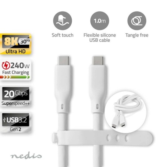 Nedis USB-C 3.2 Gen 2 Kabel 1m 240W 8K Hvit Nedis USB-C 3.2 Gen 2 Kabel 1m 240W 8K Hvit