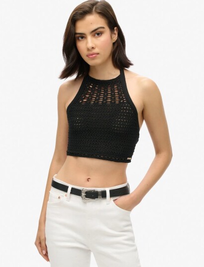 Superdry Crop Halter Crochet Top   Black   36