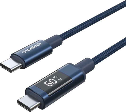 Choetech Pd60w Usb-C Til Usb-C-Kabel Med Digitalt Display 1,2 M Nylon – Blå Choetech Pd60w Usb-C Til Usb-C-Kabel Med Digitalt Display 1,2 M Nylon – Blå