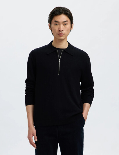 Selected Slhtray Merino Brushed Relaxed Zip Polo - Black - L Selected Slhtray Merino Brushed Relaxed Zip Polo - Black - L