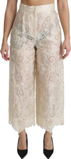 Dolce & Gabbana Cream Lace High Waist Palazzo Cropped Pants Beige M