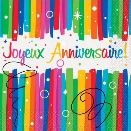 Servietter Joyeux Anniversaire –Regnbuebånd  pk/16