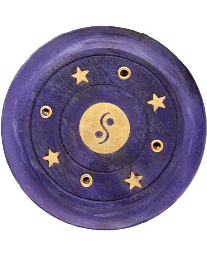Rund Liten Lilla Røkelsesholder i Mango Tre med Yin Yang Motiv 7 cm