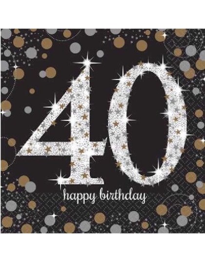 Amscan 16 stk 40 År Happy Birthday Servietter med Glitrende Trykk 33x33 cm 511545