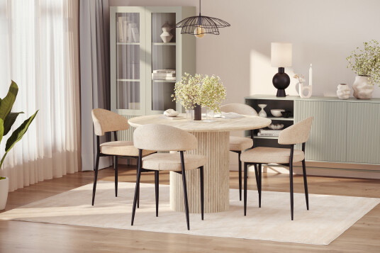 Scandinavian Choice Kopparbo Rundt Spisebord 130cm Travertin look med 4 stk Jairam Matstkolar Beige