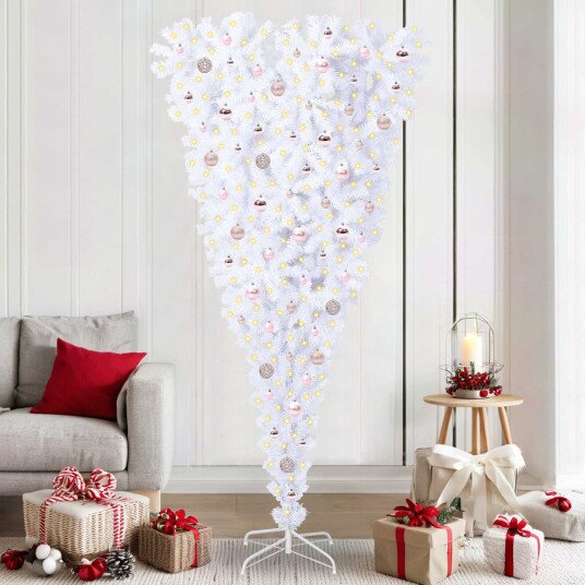 Kunstig juletre med 300 LED med stativ Hvit 210 cm PVC og Stål