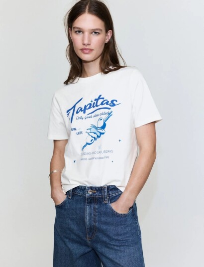 Mango Printed Cotton Blend T Shirt Cream XS