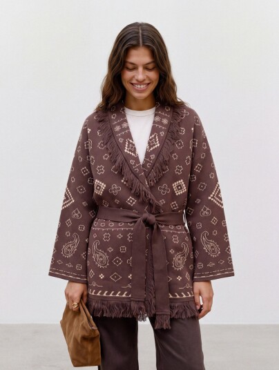 Vero Moda Scarlette Long Sleeve Tassle Jacquard Cardigan Brun XXL