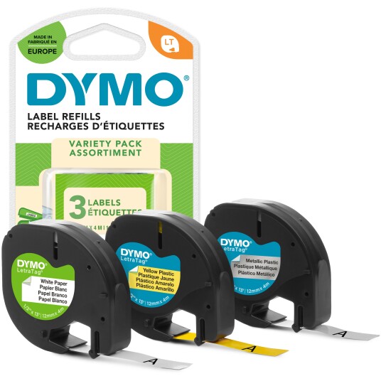 DYMO Dymo Letratag tape, 12mm x 4m (3 ruller), sort skrift på gul/sølv/hvit, papir/metallic/plast