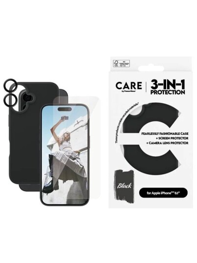 CARE by PanzerGlass 3-i-1 Beskyttelsessett for iPhone 16 - Skjerm, Deksel og Linsebeskytter CARE by PanzerGlass 3-i-1 Beskyttelsessett for iPhone 16 - Skjerm, Deksel og Linsebeskytter