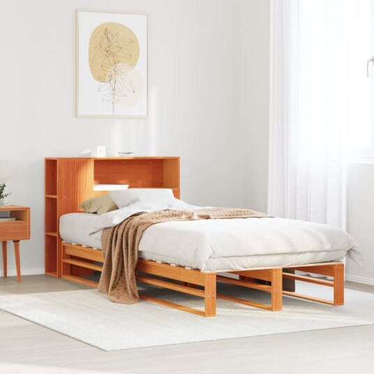 Seng med bokhylle uten madrass voksbrun 90x190 cm heltre 8721158626974