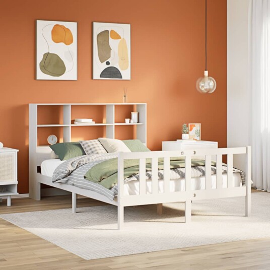 Seng med bokhylle uten madrass hvit 150x200 cm heltre furu 8721158611055
