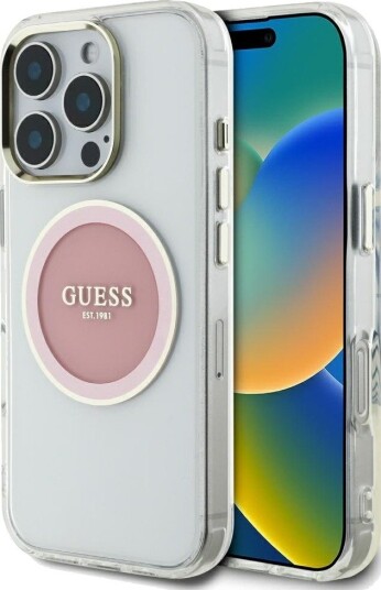 GUESS IML Metal Colored Circle Classic Logo MagSafe iPhone 16 Pro Case - Pink