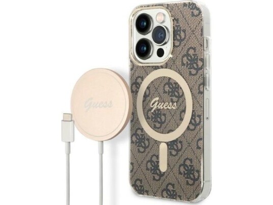 Sett Guess Gubpp14lh4eacsw Deksel+ Lader Iphone 14 Pro 6.1" Brunt/Brunt Hardt Deksel 4G Print Magsafe