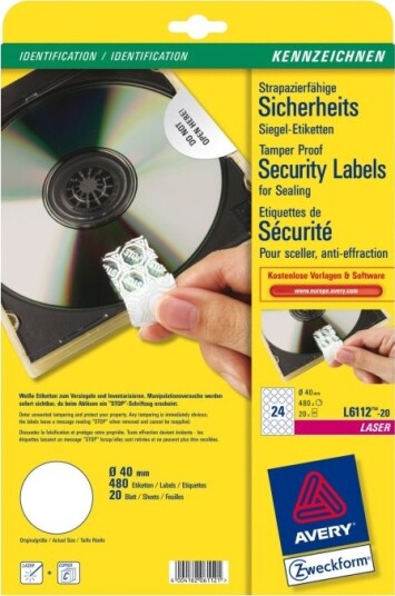 Avery Heavy Duty Laser Labels Polymer Hvit 40 Mm Rund 480 Stk 20 Ark X 24 Merkelapper