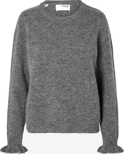Selected FEMME - Genser slfLulu LS Knit Frill Cuff O-neck N - Grå