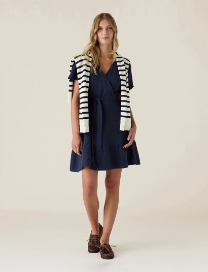 Lexington Clothing Belted Linen V Neck Dress   Navy   XL