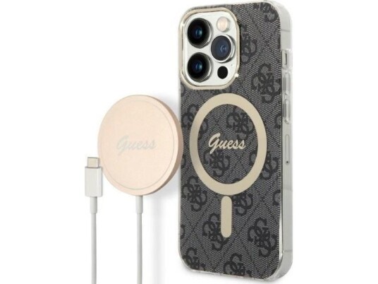 Guess Lader Guess Etui + Trådløs Lader Gubpp14lh4eacsk Apple Iphone 14 Pro Svart/Svart Hardt Etui 4G Print Magsafe