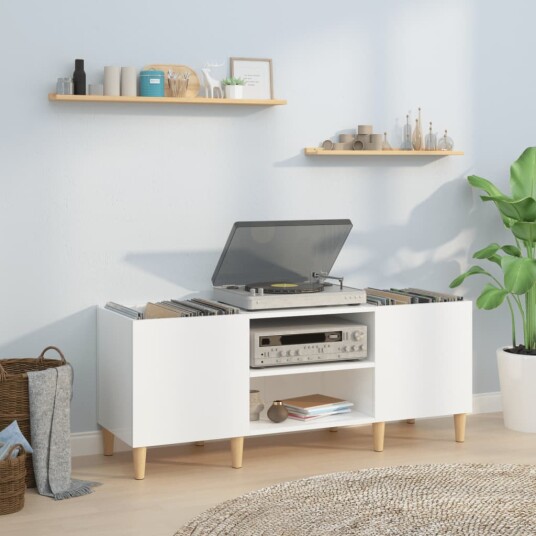 Hifi benk høyglans hvit 121x38x48 cm konstruert tre