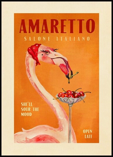 Amaretto Flamingo Art Deco Italian Cafe Travel Art Poster Plakat / 40x50cm