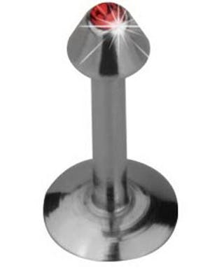 Labret Piercing med Spike Kule og Rød Sten Strl 1.2 x 10 mm med 3 mm kule