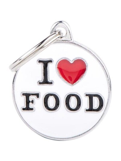 Myfamily ID-merke Medium Sirkel "I Love Food" til hunder