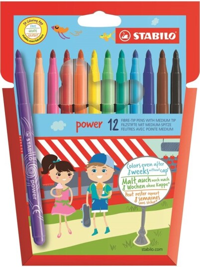 STABILO power fibre tip pen cardboard wallet of 12 pens washable ink cap off time 8 weeks STABILO power fibre tip pen cardboard wallet of 12 pens washable ink cap off time 8 weeks