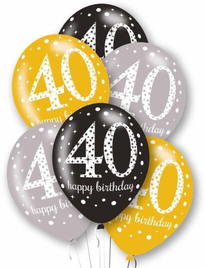 Crosswear 40 År Happy Birthday 6 stk Svarte Sølv og Gullfarget Ballonger 27 cm 404952