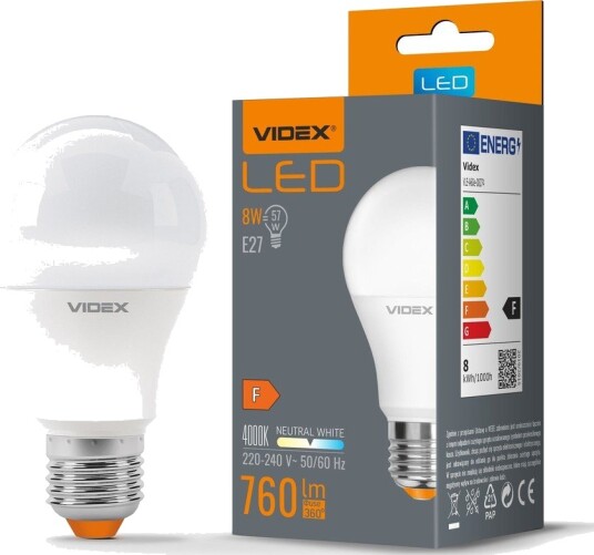 Videx E27 8W LED pære   A60 RA90 4000K   Kulør : Nøytral