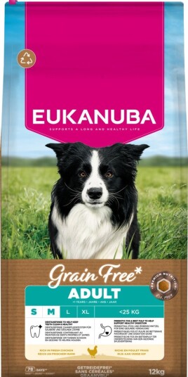Eukanuba Tørrfôr Adult Grain Free Small & Medium Med Sparepakke Kylling 2 X 12 kg Eukanuba Tørrfôr Adult Grain Free Small & Medium Med Sparepakke Kylling 2 X 12 kg
