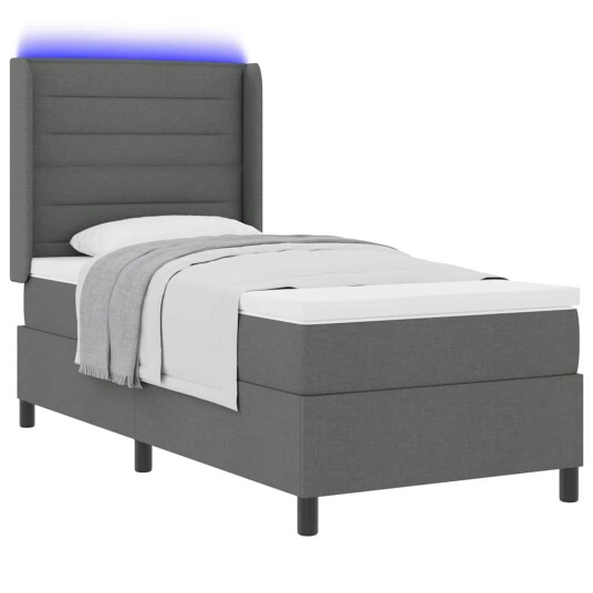 Box Spring Seng med Madrass & LED i Mørk Grå 90x190 cm Stoff