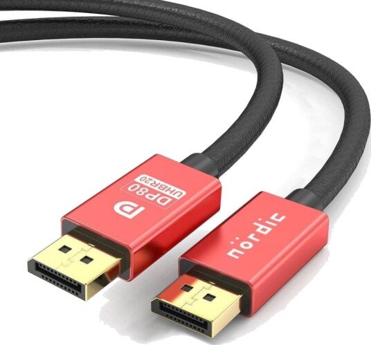 NÖRDIC 1.5m nylonflettet Displayport 2.1 kabel DP80 UHBR20 80Gbps 16/10/8K60H 4K165/144Hz DSC1.2a HDR HDCP2.2 FreeSync G Sync