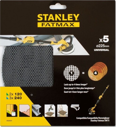 Stanley Sliperondell 225mm, Mesh, 2x120k og 3x240k - 5 Stk