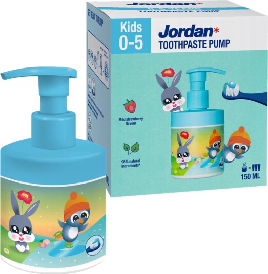 JORDAN Kids Barnetannkrem med pumpeflaske til 0-5 år Strawberry 150 ml. JORDAN Kids Barnetannkrem med pumpeflaske til 0-5 år Strawberry 150 ml.