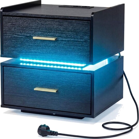 LED nattbord med ladestasjon – 2 skuffer svart
