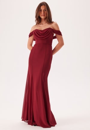 Goddiva Chiffon Off Shoulder Maxi Dress Berry S UK10