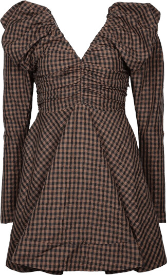 Ganni V Neck Checked Mini Dress Brown 32 Ganni V Neck Checked Mini Dress Brown 32