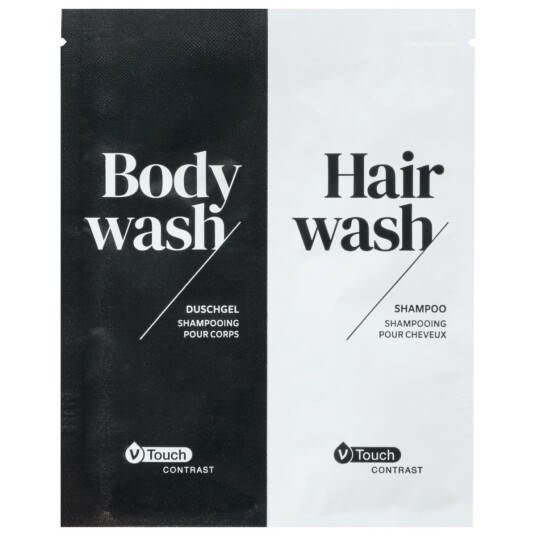 V-Touch Sjampo og dusjsåpe Contrast; 12 ml; Lyseblå/Gul; 800 Stykk / Forpakning