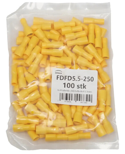 Gul isol kabelsko helisolert 6.3mm 100x Gul ekstra god isolering pose 100 stk