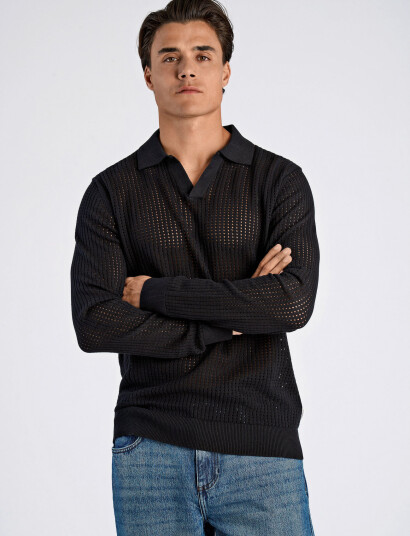 Lindbergh Crochet Knit L/S V-Neck Polo - Black - XXL