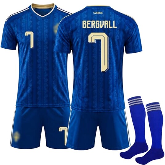 2026 VM Sverige Bortetrøye Barn Voksen Fotballtrøye med Sokker Nr.7 Bergvall M