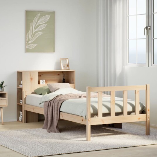 Seng med bokhylle uten madrass 100x200 cm heltre furu 8721158608987