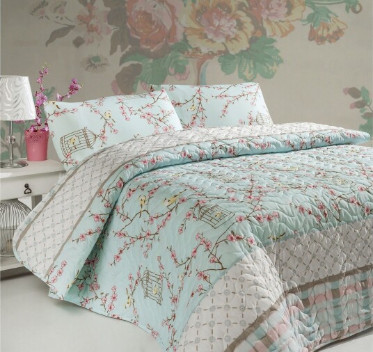 Eponj Home Sengeteppe Enkelt 160x220+Putetrekk Quiltet Turkis/Hvit/Beige/Rosa