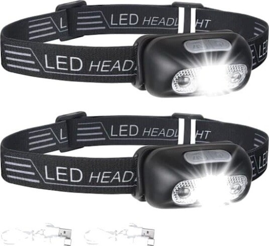 2-pakning USB-oppladbar hodelykt, IPX6 vanntett, ultralett supersterk 160 lm LED- med bevegelsessensor og rødt lysmoduser